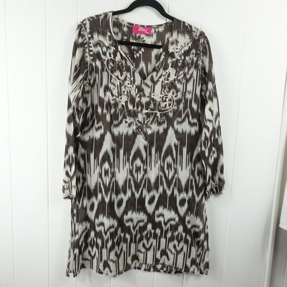 Raj Womens Embroidered Ikat Boho Dress Medium - Picture 1 of 14